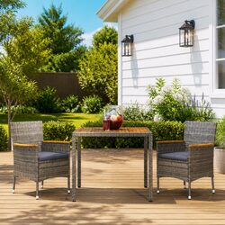 3 Piece Garden Dining Set - Grey Poly Rattan & Acacia Wood