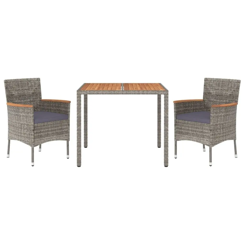 Garden Dining Set 3 Piece Outdoor Use Grey Poly Rattan with Cushions