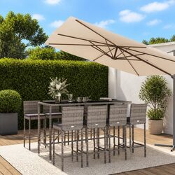 9 Piece Garden Bar Set: Grey Poly Rattan with Cushions