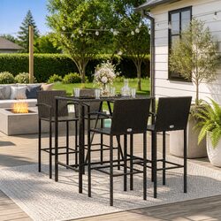 5 Piece Garden Bar Set: Black Poly Rattan & Steel