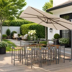 11 Piece Garden Bar Set with Glass Top and Rattan Stools