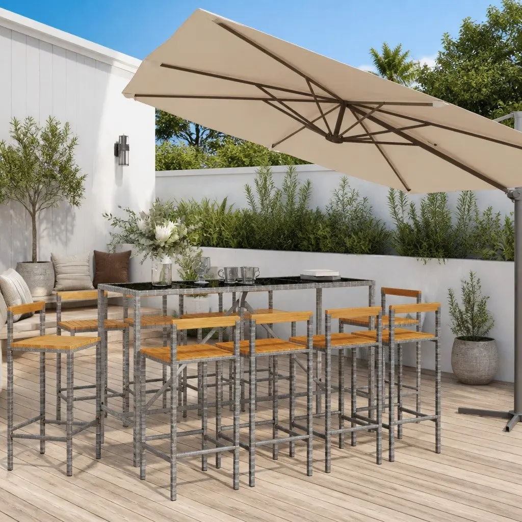 Outdoor Garden Bar Set 11 Piece Grey Patio Furniture with Weather-Resistant Rattan and Tempered Glass Tabletop