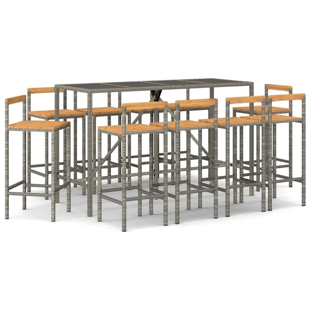 Outdoor Garden Bar Set 11 Piece Grey Patio Furniture with Weather-Resistant Rattan and Tempered Glass Tabletop