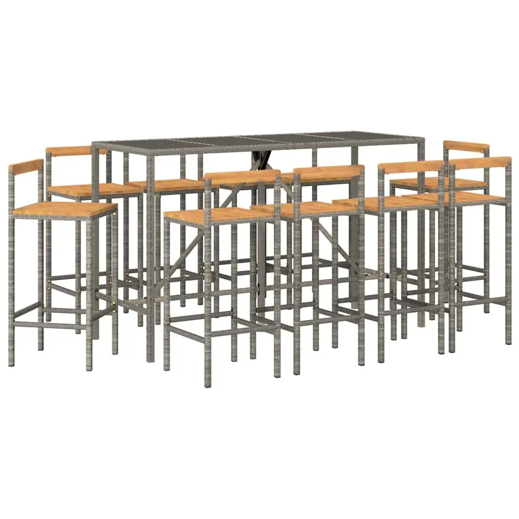 Outdoor Garden Bar Set 11 Piece Grey Patio Furniture with Weather-Resistant Rattan and Tempered Glass Tabletop