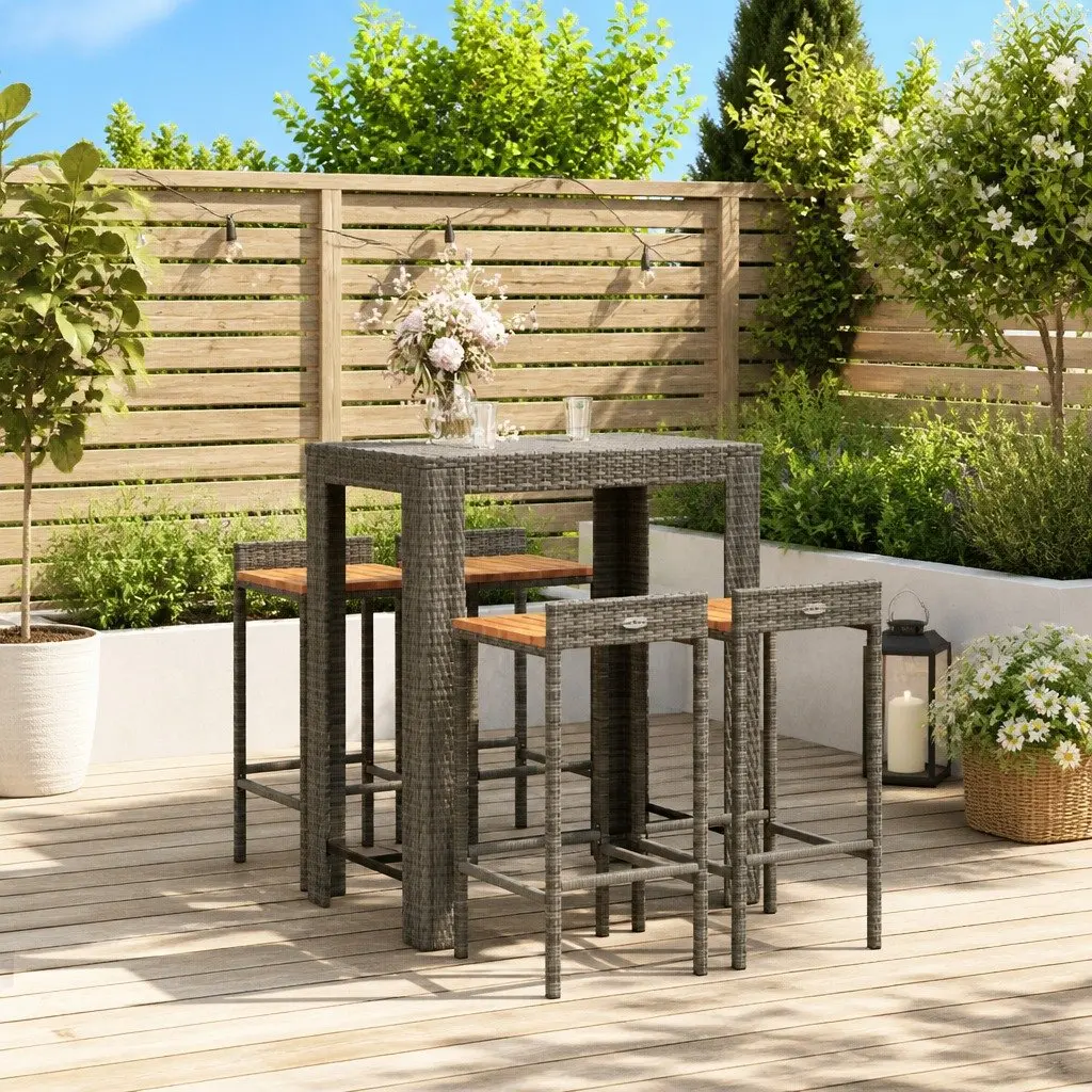 Garden Bar Set Outdoor Furniture 5 Piece Grey Poly Rattan Wood Patio Dining