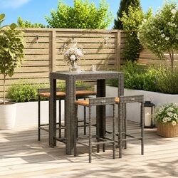Garden Bar Set 5 Piece Outdoor Furniture Grey Poly Rattan Wood Patio Dining