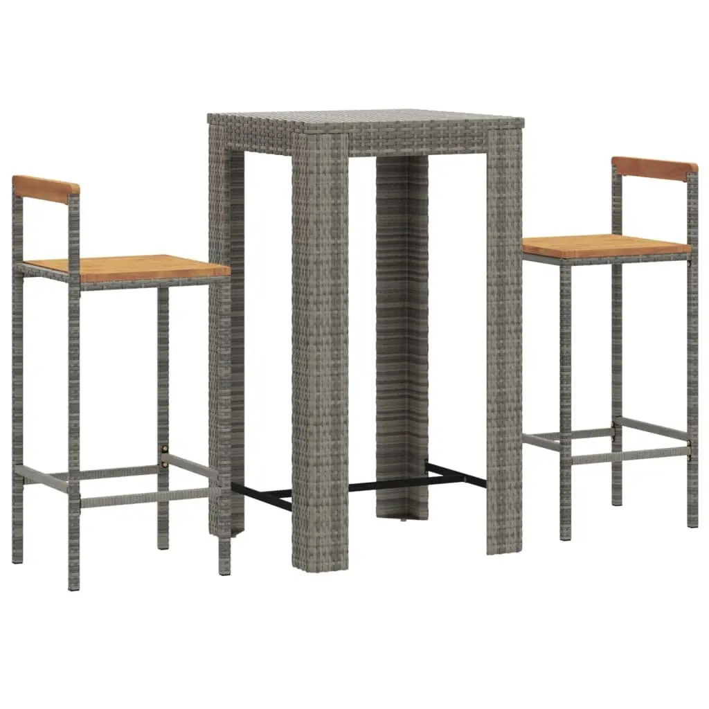 Garden Bar Set 3 Piece Grey Poly Rattan Wooden Seat Outdoor Patio Furniture