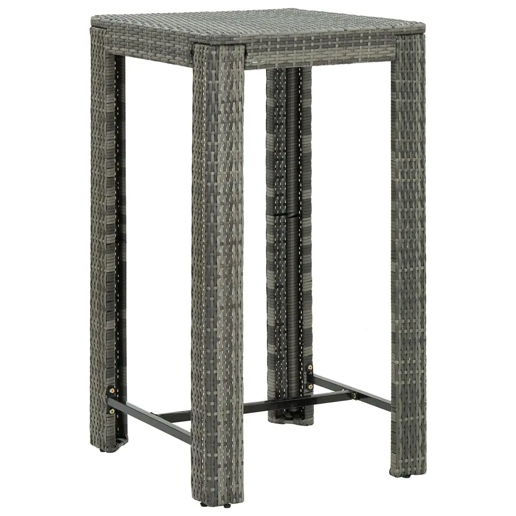 Garden Bar Set 3 Piece Grey Poly Rattan Wooden Seat Outdoor Patio Furniture