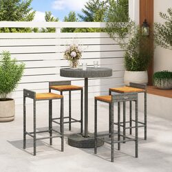 Garden Bar Set: 5 Pieces, Grey Rattan, Solid Wood Seats