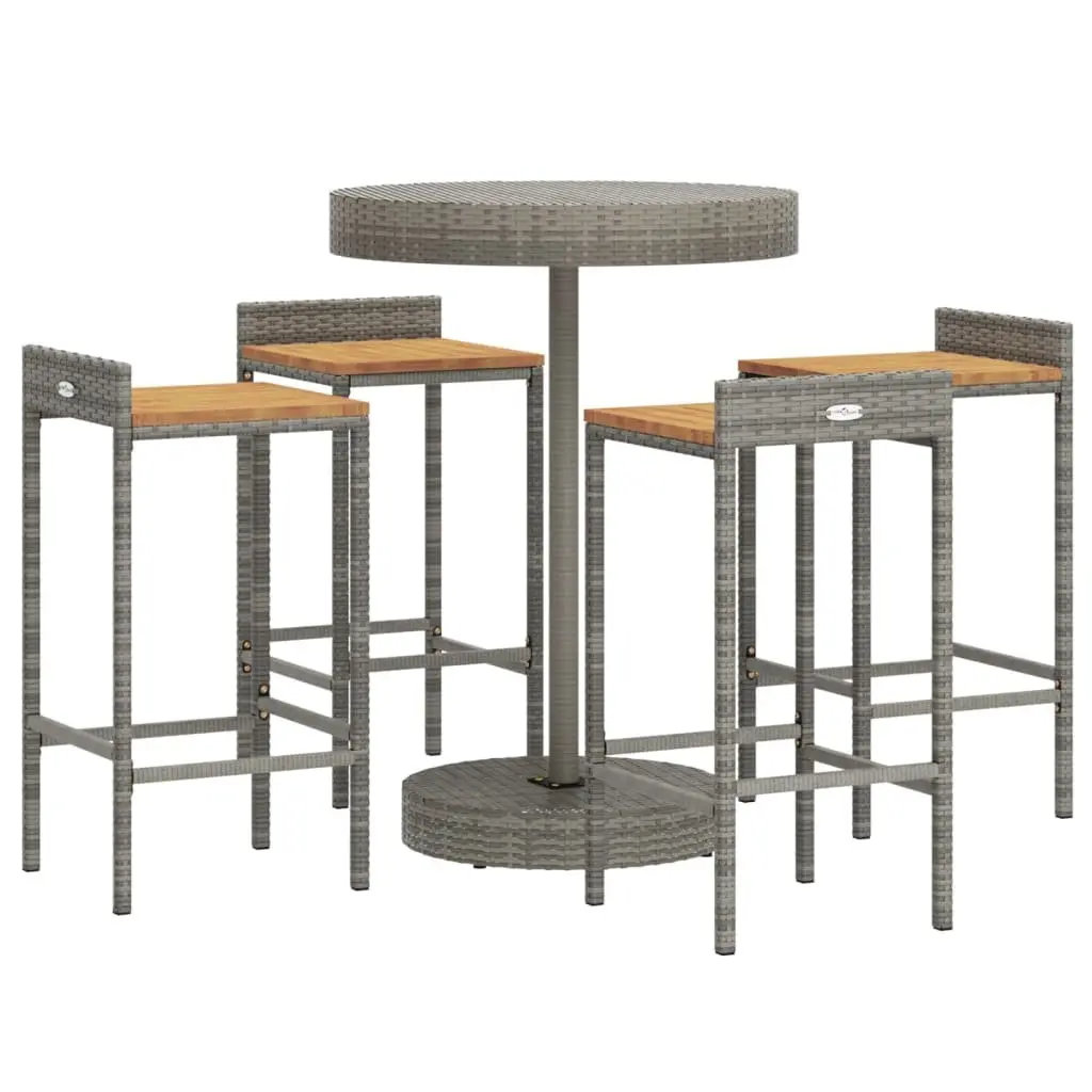 Garden Bar Set 5 Piece Outdoor Patio Furniture Grey Poly Rattan Wood Stool Table