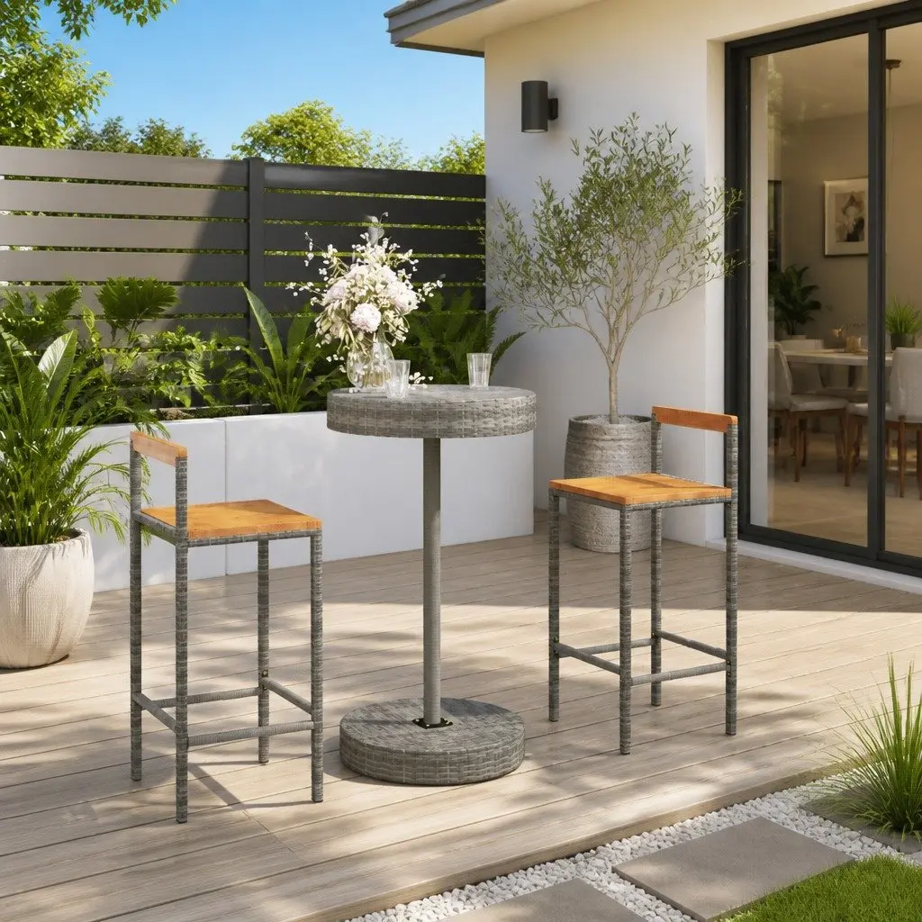 Garden Bar Set Outdoor Use 3 Piece Grey Poly Rattan Wooden Stool Table