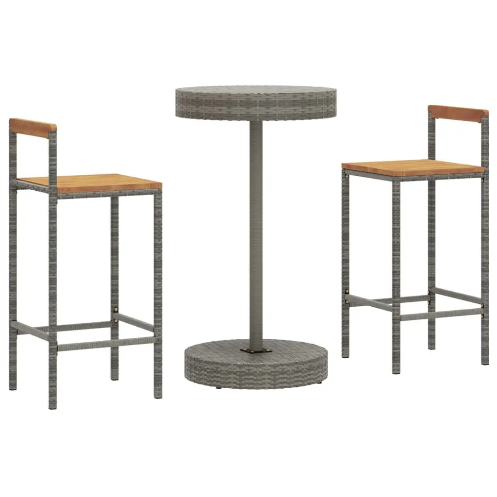 Garden Bar Set Outdoor Use 3 Piece Grey Poly Rattan Wooden Stool Table