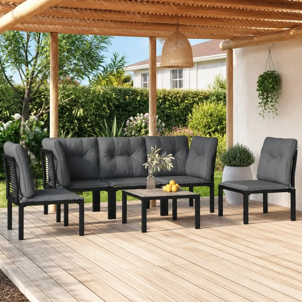 6 Piece Garden Lounge Set Modular Outdoor Furniture Patio Seating Black Grey Rattan