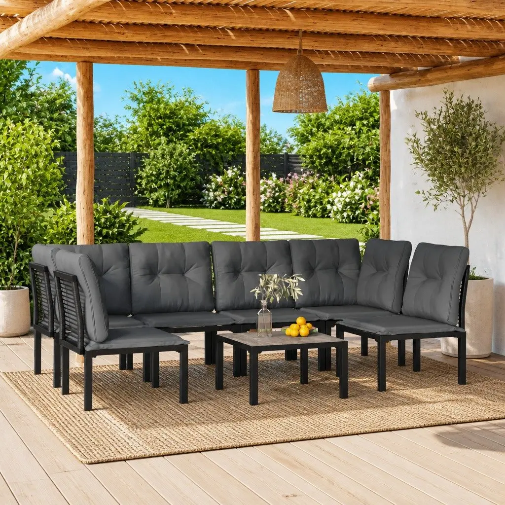7 Piece Outdoor Garden Lounge Set Black Grey Poly Rattan Modular Patio Furniture