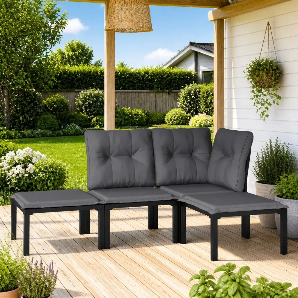 Outdoor Lounge Set 4 Piece Garden Furniture Black Grey PE Rattan Patio Sofa