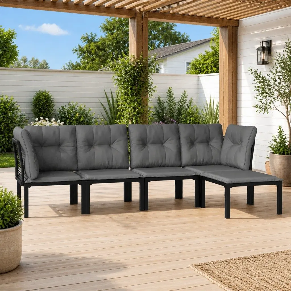 5 Piece Outdoor Garden Lounge Set Black Grey Poly Rattan Furniture