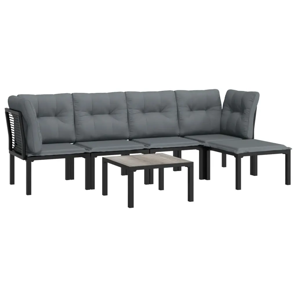 6 Piece Modular Patio Lounge Set Black Grey PE Rattan for Outdoor Garden with Coffee Table and Footstool