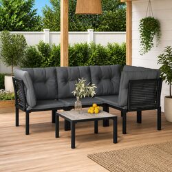 5 Piece Outdoor Garden Lounge Set Black Grey Poly Rattan Patio Furniture