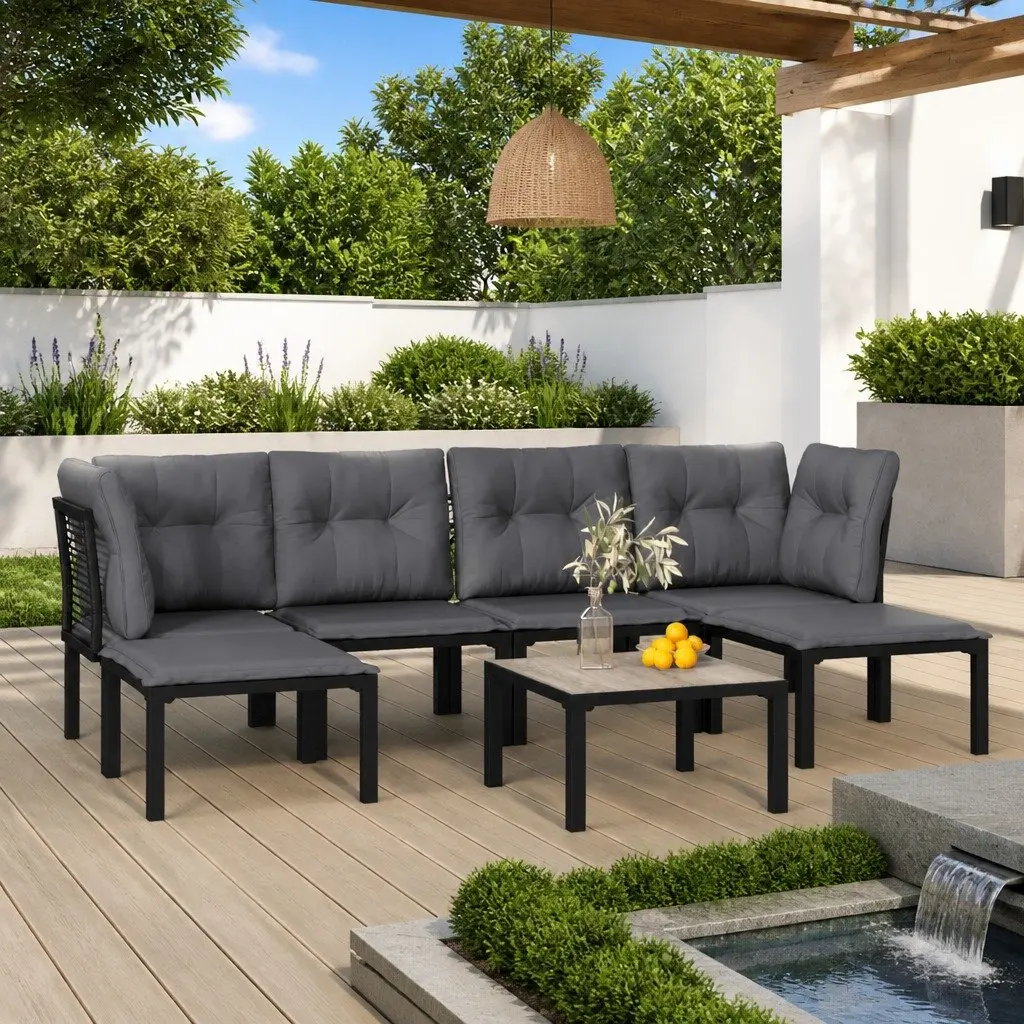 7 Piece Outdoor Garden Lounge Set Black Grey Poly Rattan Patio Furniture