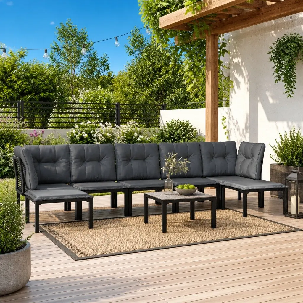 Outdoor Garden Lounge Set 8 Piece Black Grey Poly Rattan Furniture