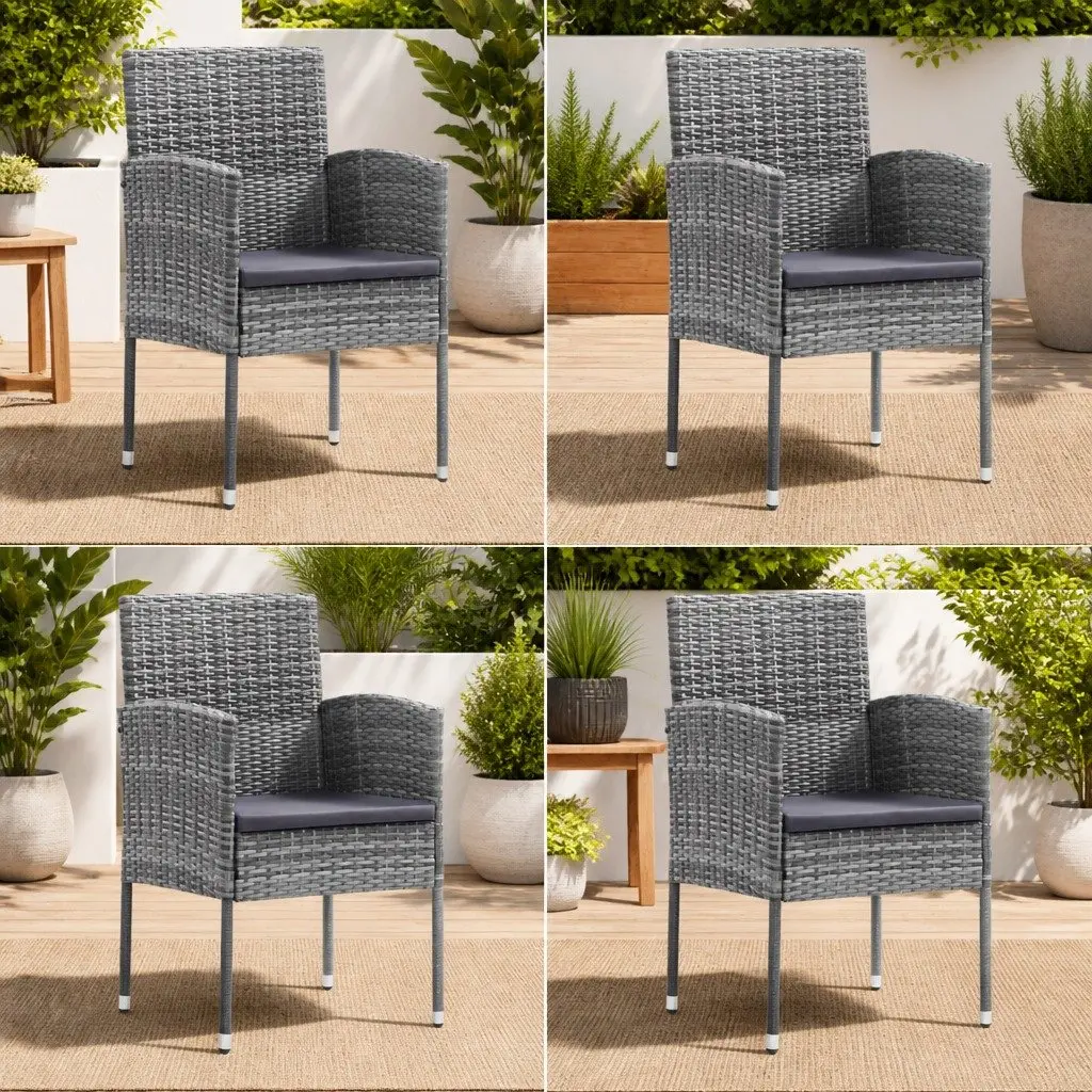 Outdoor Garden Chairs Set of 4 Grey Poly Rattan with Cushions Patio Seating