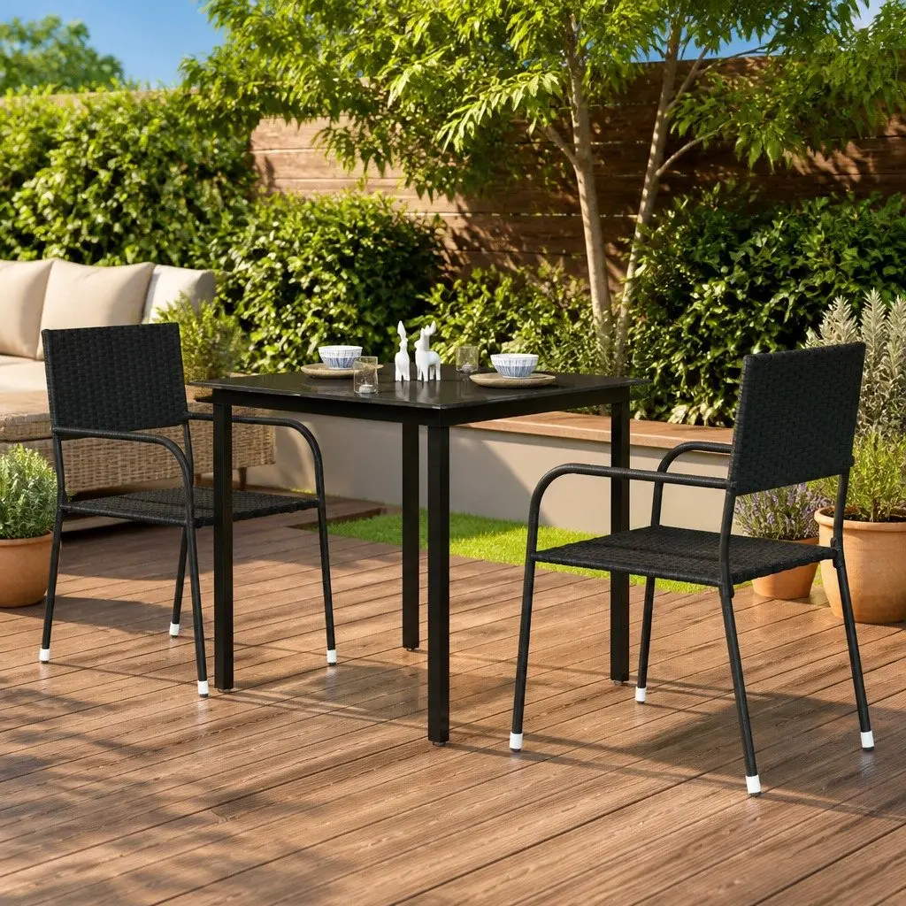 Garden Dining Table Black 80x80x74 cm Outdoor Patio Steel Frame Glass Top
