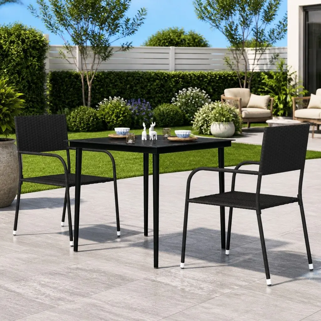Garden Dining Table Black Outdoor Furniture Steel Frame Glass Top Patio Balcony