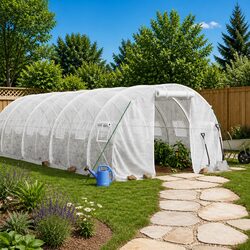Greenhouse 24m² Steel Frame White 8x3x2m Garden Plant House with Roll-Up Door