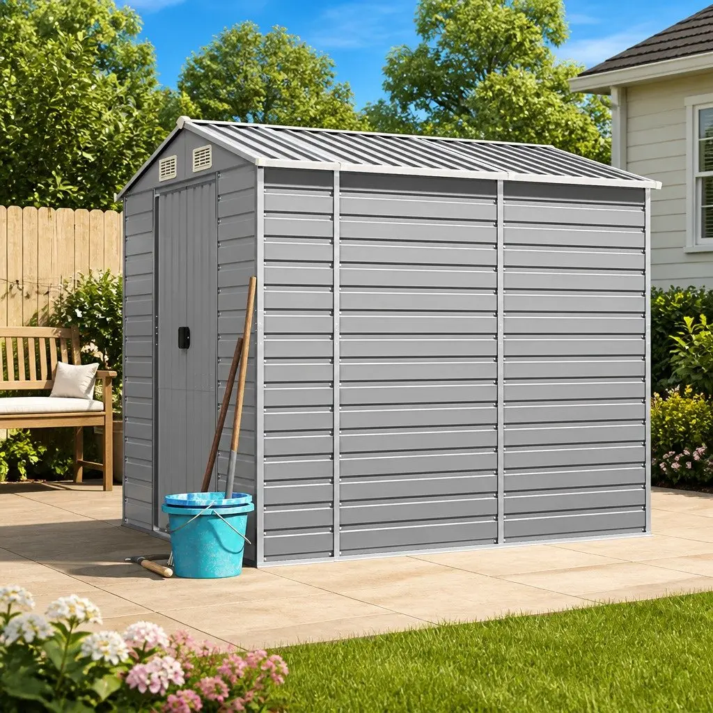 Galvanised Steel Garden Shed Outdoor Storage Tool House Grey 191x215x198cm