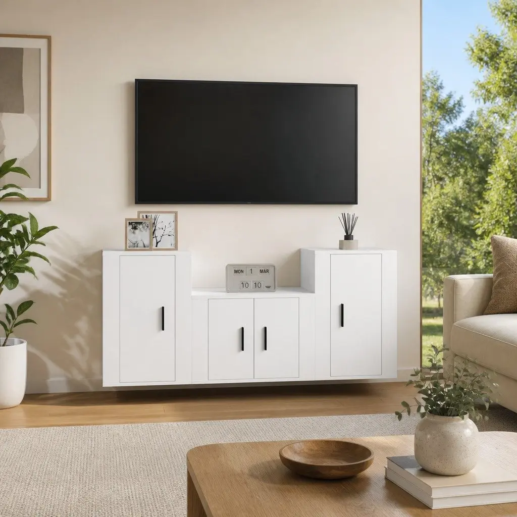 3 Piece Wall-Mounted TV Cabinet Set for Living Room White Engineered Wood