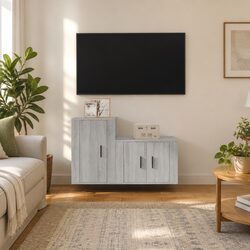 TV Cabinet Set 2 Piece Wall-Mounted Media Storage Grey Engineered Wood