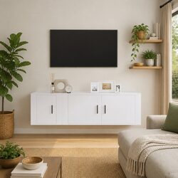 TV Cabinet Set 2 Piece Wall-Mounted Media Storage White Engineered Wood