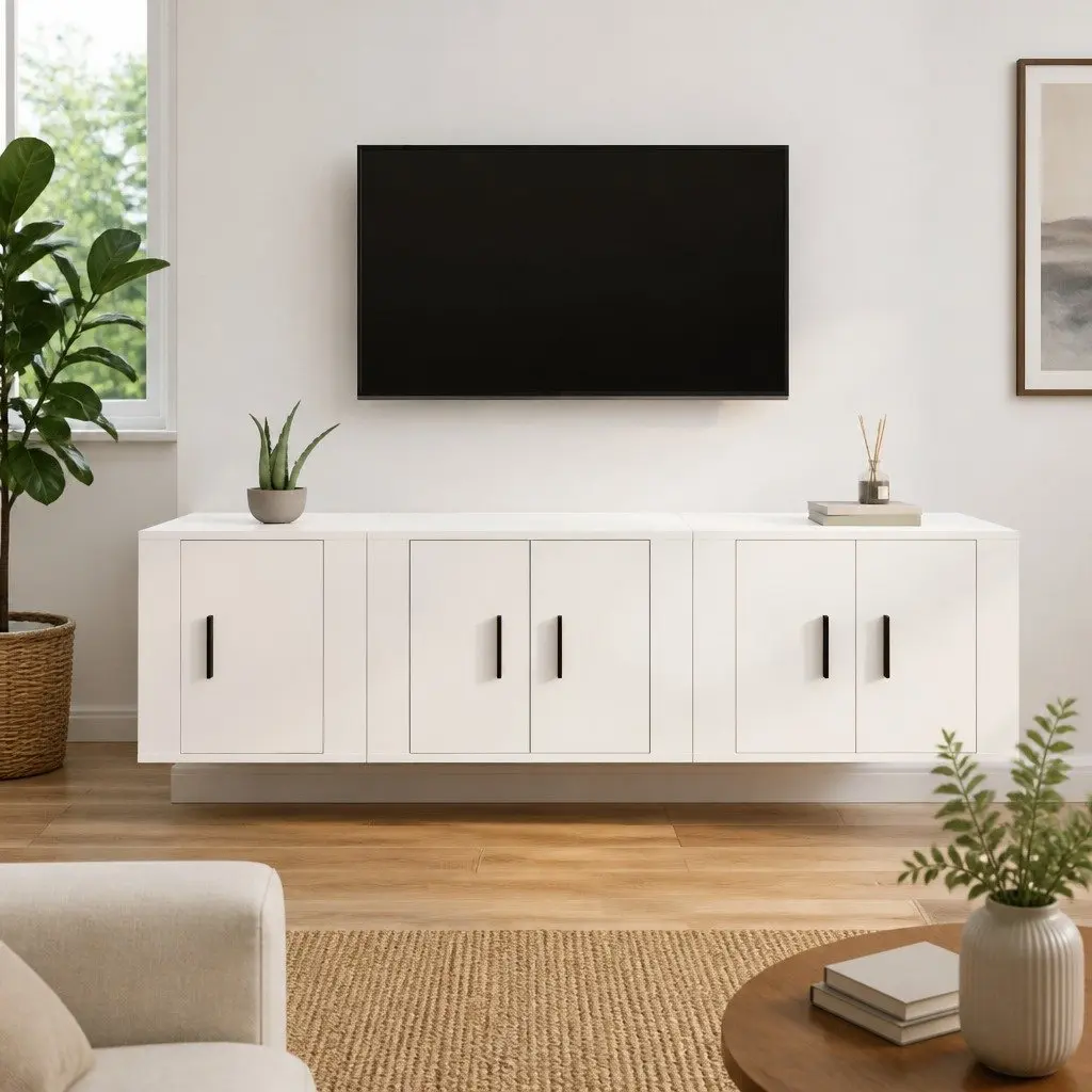 3 Piece Wall-Mounted TV Cabinet Set Engineered Wood Storage White