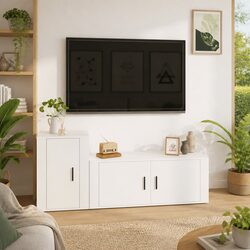 2 Piece TV Cabinet Set White Wall-Mounted Storage Unit Engineered Wood