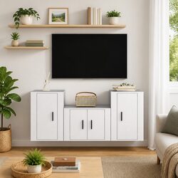 3 Piece Wall-Mounted TV Cabinet Set in White Engineered Wood