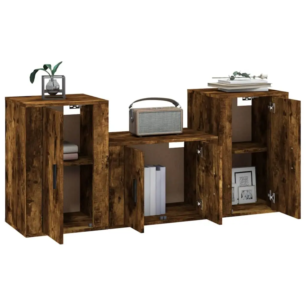 3 Piece TV Cabinet Set Wall Mounted Storage Engineered Wood Brown Organiser