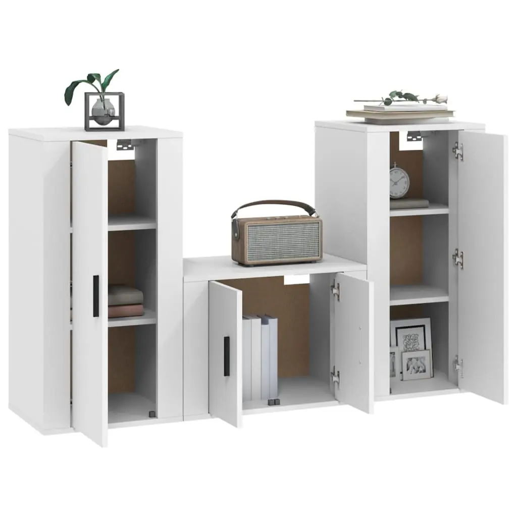 3 Piece Wall Mounted TV Cabinet Set Engineered Wood Storage Unit White