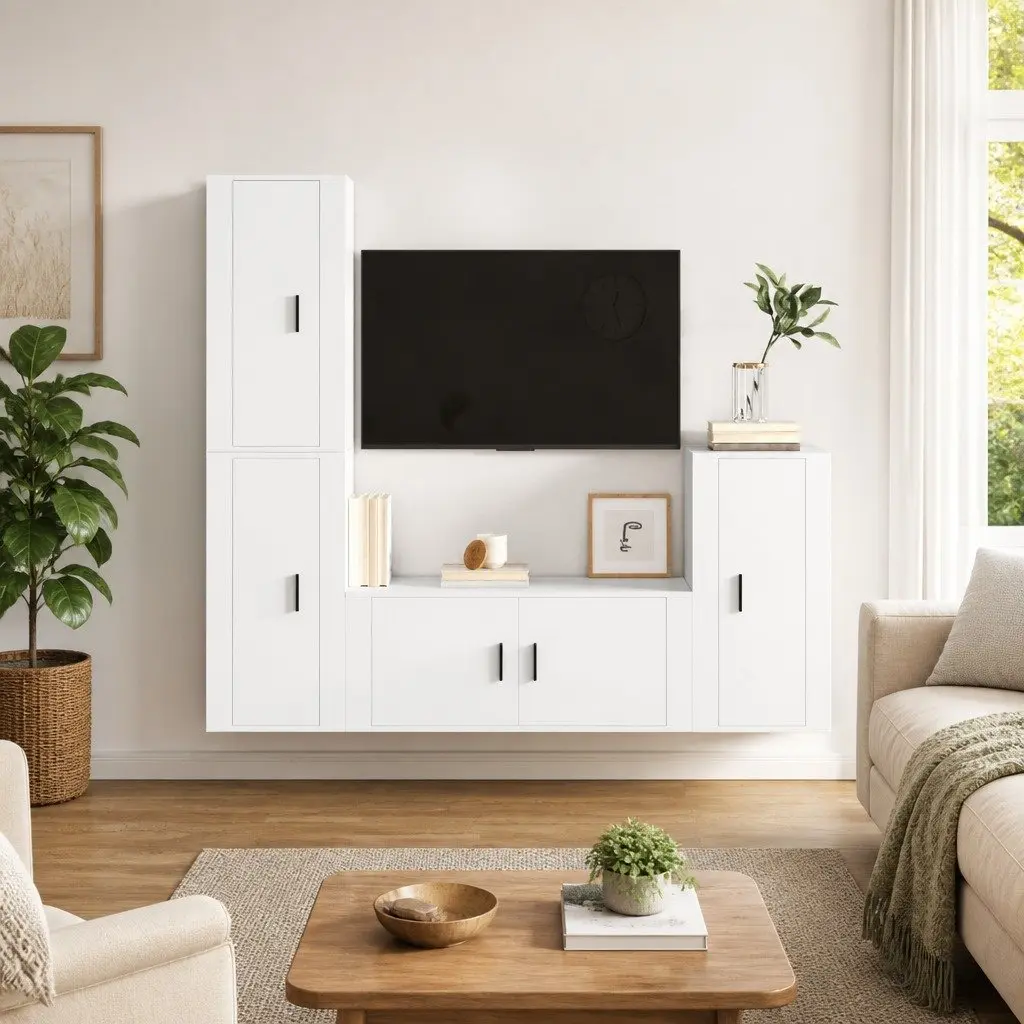 4-Piece White Engineered Wood TV Cabinet with Storage