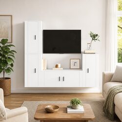 4-Piece White Engineered Wood TV Cabinet with Storage