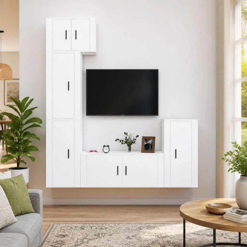 White Engineered Wood 5 Piece Wall-Mounted TV Cabinet Set Storage Unit for Living Room