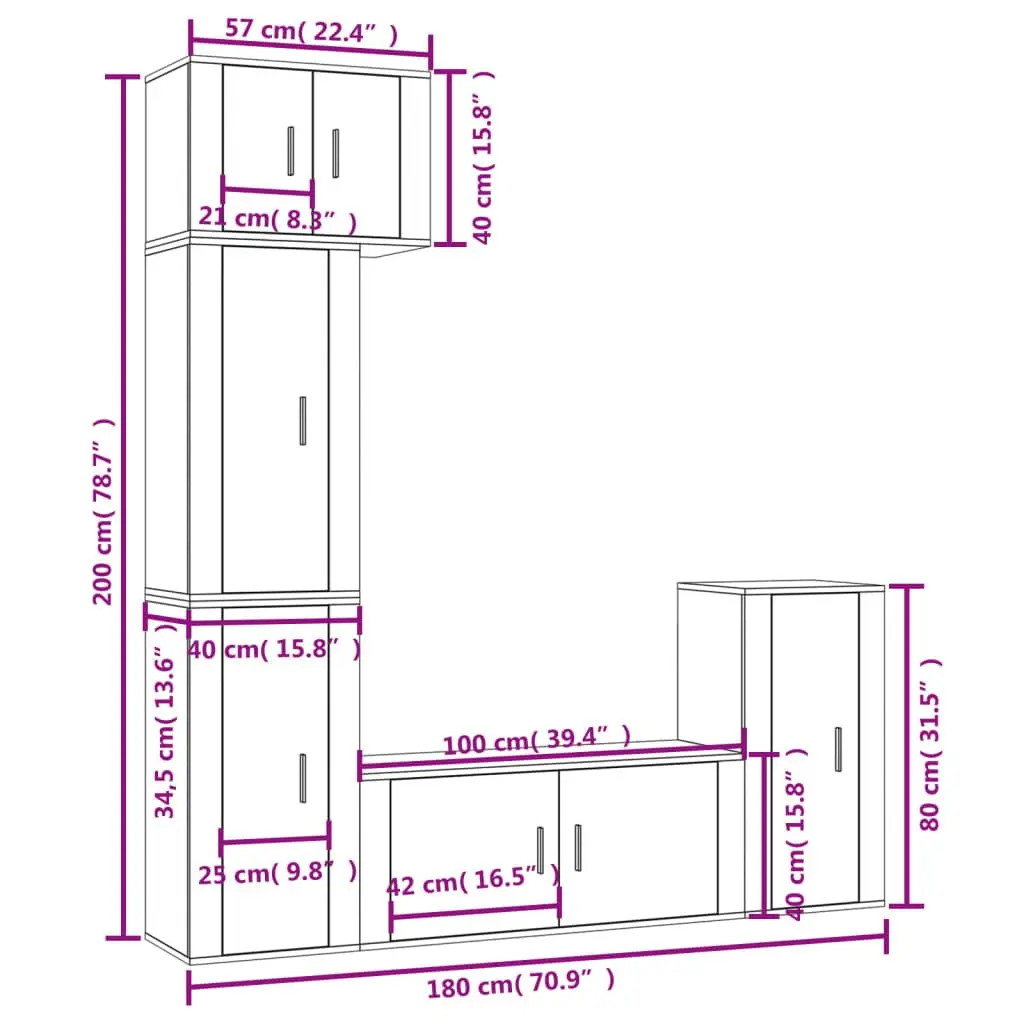 White Engineered Wood 5 Piece Wall-Mounted TV Cabinet Set Storage Unit for Living Room
