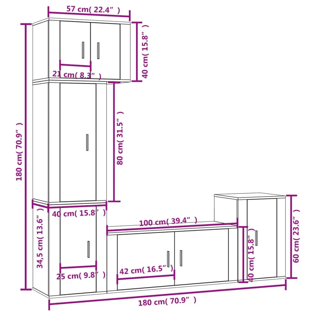TV Cabinet Set 5 Piece Wall-Mounted Storage Unit White Engineered Wood Furniture