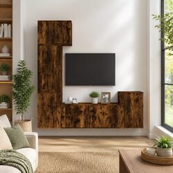 5 Piece TV Cabinet Set Wall Mounted Storage Unit Engineered Wood Brown