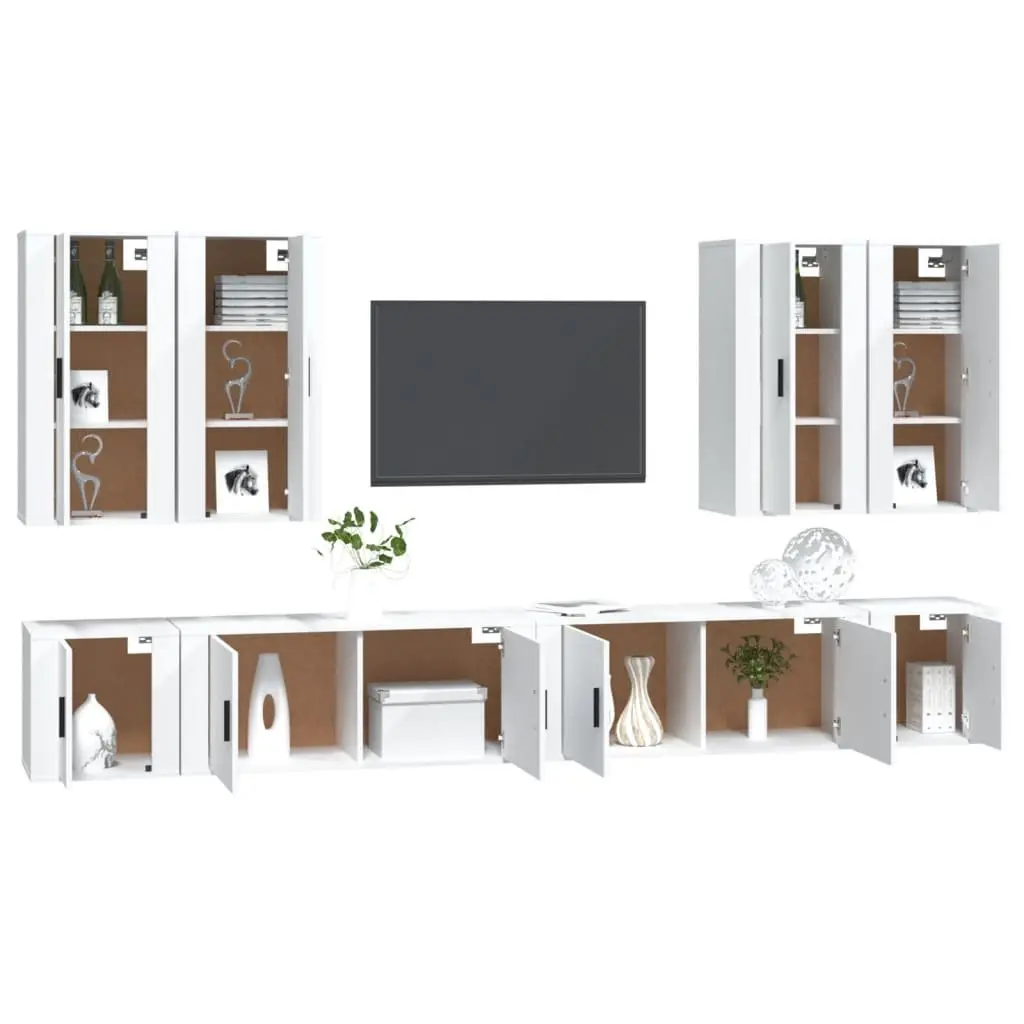 8 Piece Wall Mounted TV Stand Set for Living Room Storage White Engineered Wood
