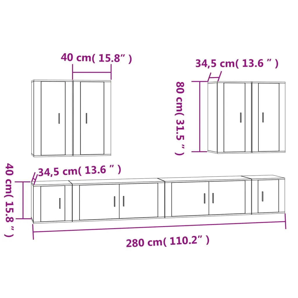 8 Piece Wall Mounted TV Stand Set for Living Room Storage White Engineered Wood