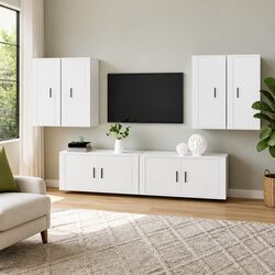 TV Cabinet Set 6 Piece White Wall-Mounted Storage Unit Living Room Furniture