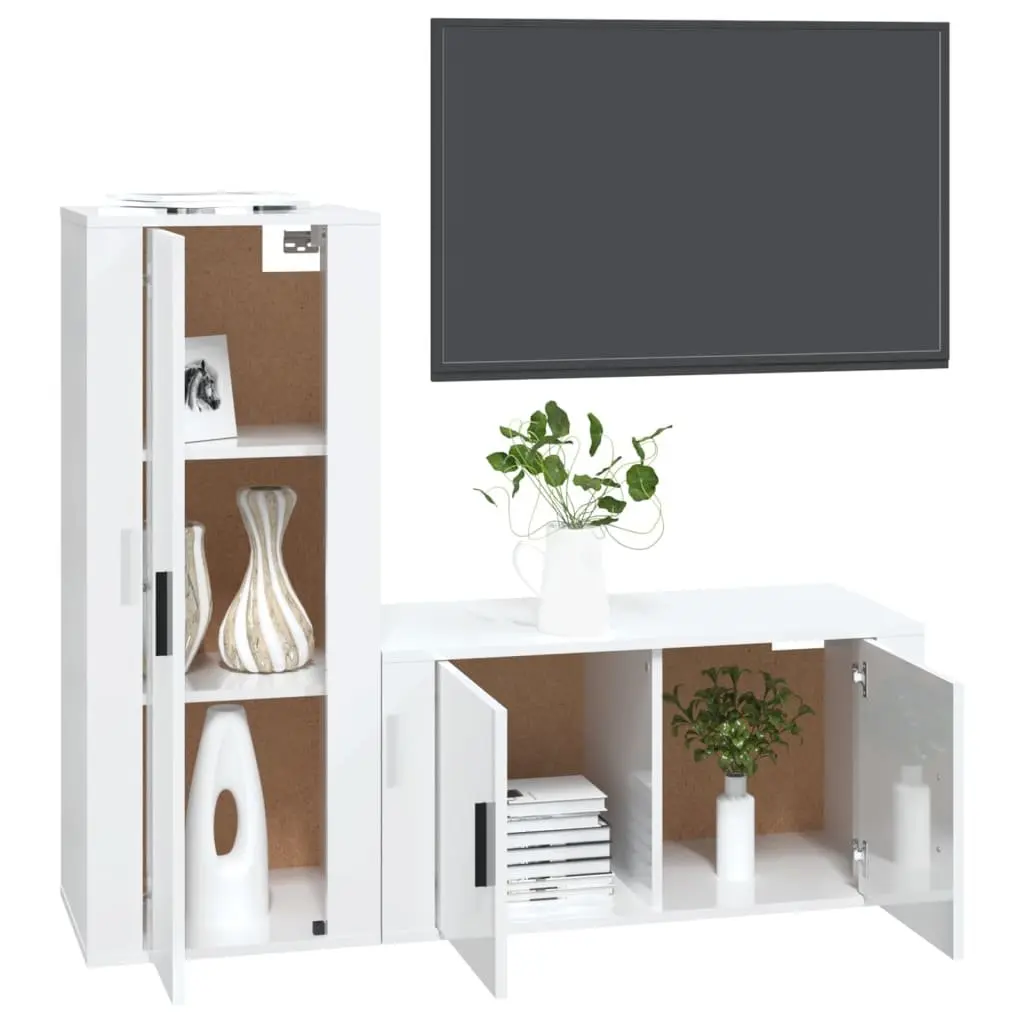 TV Cabinet Set Wall-Mounted Living Room High Gloss White Engineered Wood