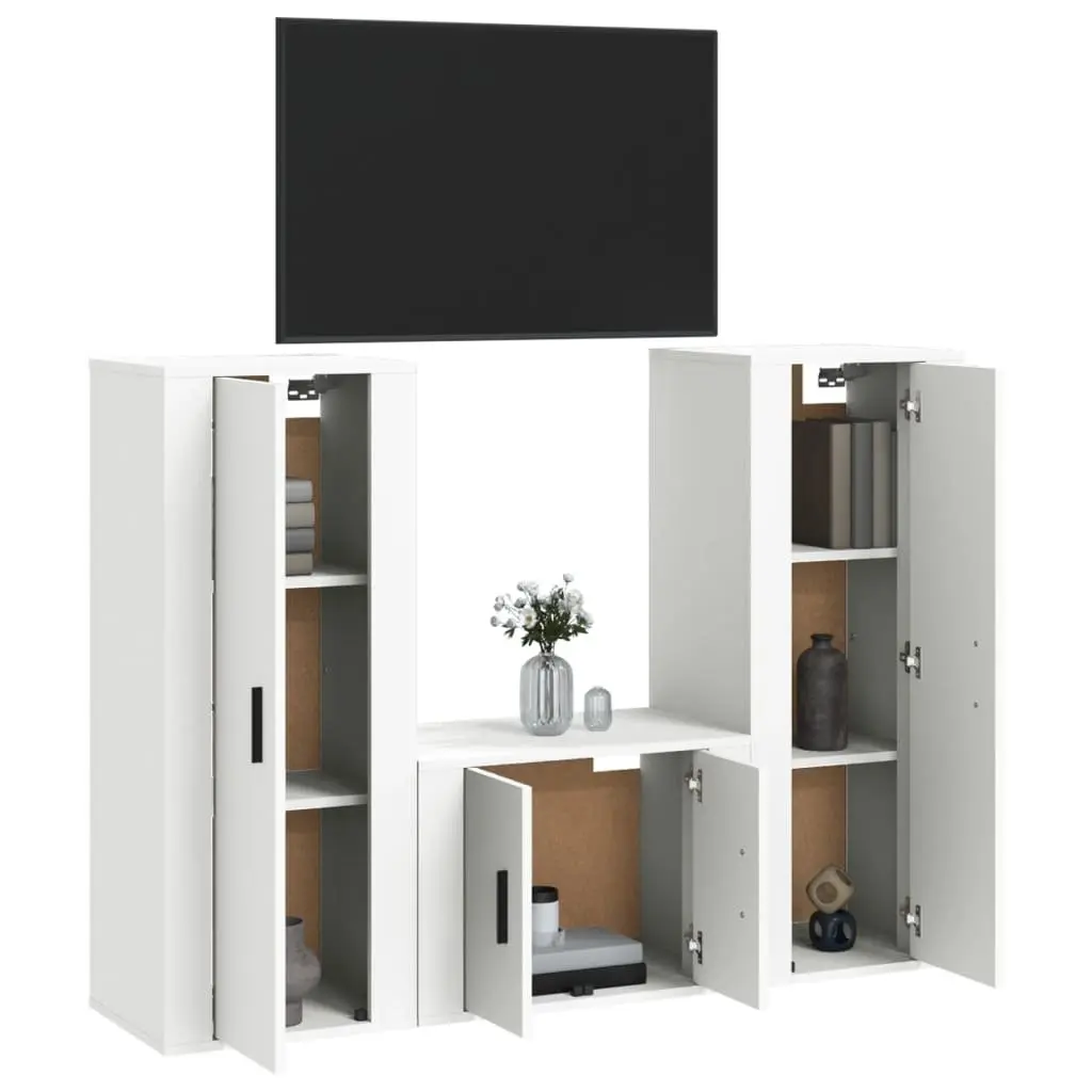 TV Cabinet Set 3 Piece Wall-Mounted Media Storage Unit White Engineered Wood