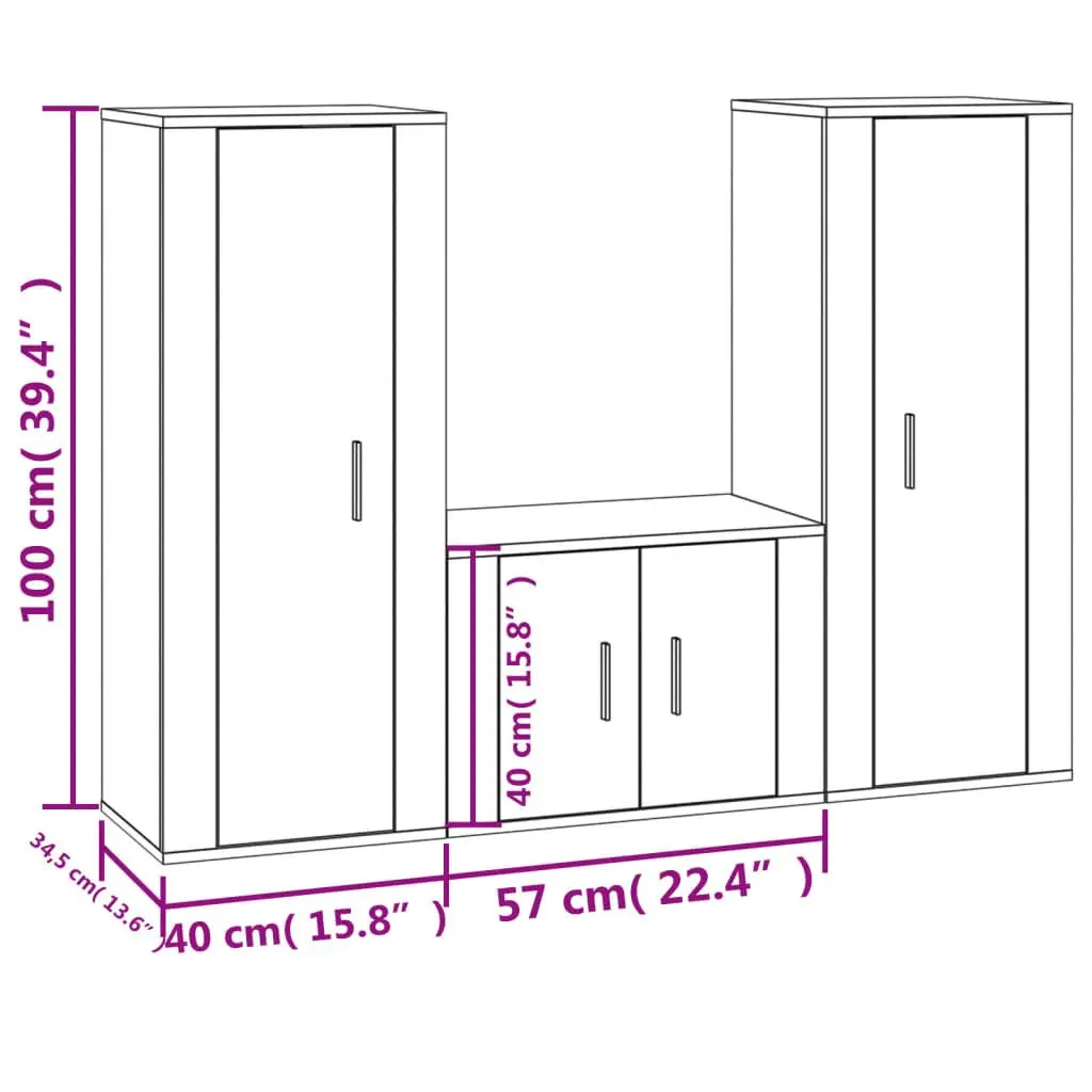 TV Cabinet Set 3 Piece Wall-Mounted Media Storage Unit White Engineered Wood