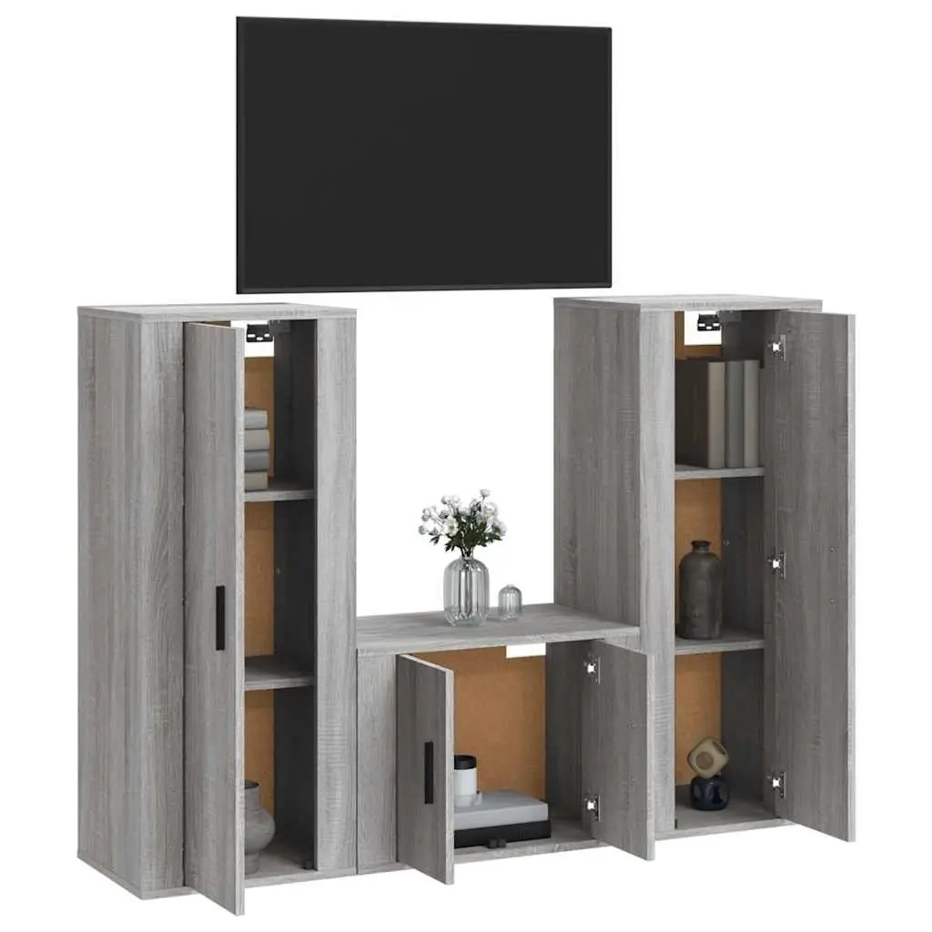 Grey Engineered Wood 3-Piece Wall TV Cabinet Set